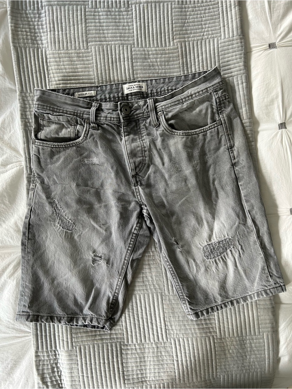 Jack & Jones Grey Distressed Denim Shorts